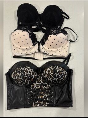 3-Piece Edgy Lingerie & Clubwear Lot Corset, Longline, and Cage Bras Fits 34/36C